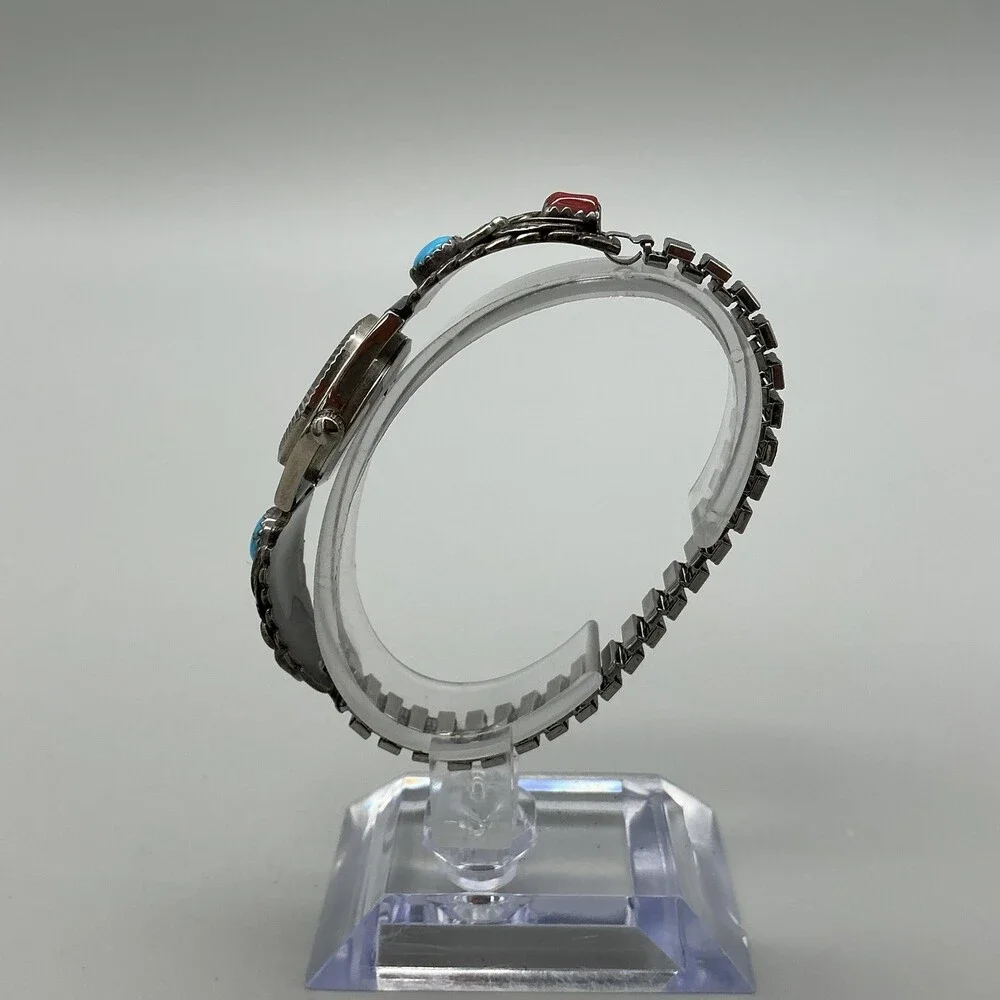 Vtg Quartex Womens Watch 21mm Stamped Sterling Turquoise Coral New Battery